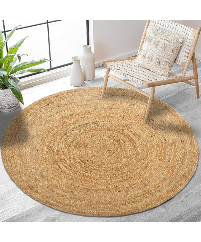 Hand Woven Jute Area Rug - 5' Round - Rustic Beige Reversible Farmhouse Rugs for Bedroom, Kitchen, Living Room - Vintage Natural Braided Entry Floor Décor Circle Boho Round Jute Rug 5 Foot