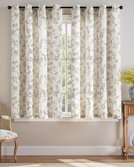 Lazzzy Linen Farmhouse Curtains Blue Floral Curtains 63 Inch Length Drapes for Living Room Bedroom Pattern Light Filtering Country Vintage Curtain Grommet Top, 2 Panels, Blue on Beige