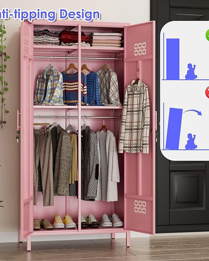 Aobabo Metal Wardrobe Cabinets with Lock, 2 Door Metal Closet wtih 4 Adjustable Shelves and 2 Hannging Rod, Lockable Locker Cabinet, Storage Locker for Home, Office,Pink, Assembly Required