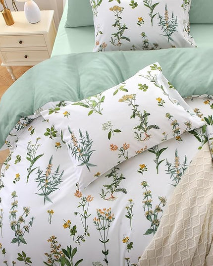 MUXHOMO Bed in a Bag King 7 Pieces, King Comforter Set Reversible Green Botanical Flowers Design, Ultra Soft & Breathable Bedding Sets with Comforter, Sheets, Pillowcases & Shams