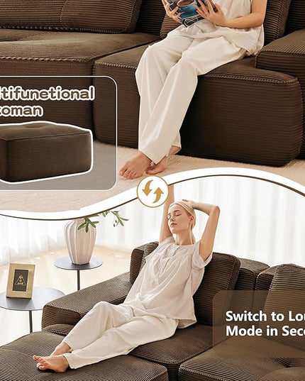 Hommoo 153" Oversized Sectional Sofa, Modular U Shaped Couch with Ottoman, Comfy Corduroy Couches with Deep Seat, 6 Seat Convertible Boneless Sofa for Living Room No Assembly Required Brown