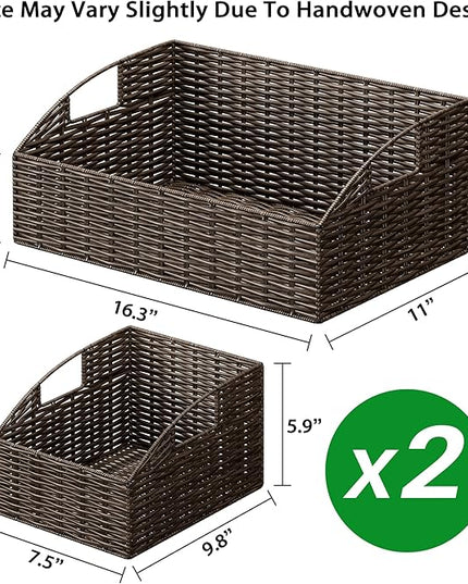 Ollieroo Rattan Storage Baskets, Handwoven Wicker Storage Bins with Built-in Handles, Storage Container Baskets for Shelves, Bedroom, Bathroom, Laundry Room or Kitchen(Brown)