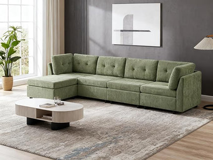 VANOMi 118" Cloud Couches for Living Room with Ottoman, 4 Seater Modular Sectional Sofas & Couches, Cozy Chenille Cloud Sectional Couch Sofa for Apartment, Office, Olive Green, L Shaped
