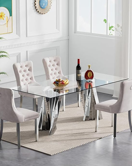 70" Glass Dining Table for 6, Modern Tempered Glass Kitchen Table, Rectangular Dining Room Table with Silver Stainless Steel Base Dinner Tables for Kitchen Home Office