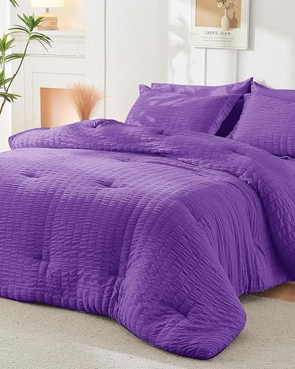 HYMOKEGE Dark Purple Full Size Comforter Sets Seersucker 7 Pieces, All Season Luxury Bed in a Bag for Bedroom, Bedding Set with Comforter, Sheets, Pillowcases & Shams