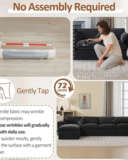 155''Cloud Boneless Sectional Couch, Modular Sectional Sofa Deep Seat with Ottoman, Oversized Upholstered Convertible Comfy 5 Seater Chenille Sofa L Shape Couches for Living Room, Dark