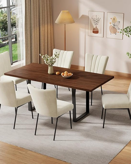 ZckyCine 51"-67" Expandable Dining Table Set, Modern 7-Piece Dining Room Set with 6 Velvet Upholstered Chairs, Walnut Wood Finish, Space-Saving Table for Home, Apartment, or Restaurant