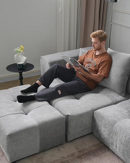 JACH 144.1 Inch U-Shaped Modular Sofa, Mid Century Modern Deep Seat Sectional Couch, 3-Seater Sofas with Chaise Ottomans for Living Room, Cozy Sofas for Apartment, Living Room (Linen Fabric, Grey)