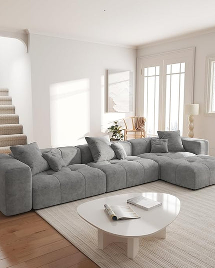 JACH 144.1 Inch L-Shaped Modular Sofas, Modern 3-Seater Couch with Chaise Ottoman, Mid Century Modern Sectional Couches, Cozy Sleeper Sofa for Apartment/Living Room (Linen Fabric, Grey)