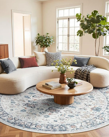 jinchan Round Rug 8ft Area Rug - Washable Boho Vintage Floral Circle 8' Round Floor Cover Lightweight Low Pile Thin Throw Non-Slip Carpet for Kitchen Living Room Bedroom Dining Room Office Grey Multi