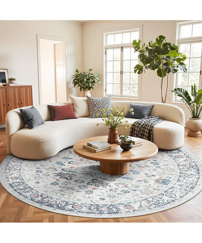 jinchan Round Rug 8ft Area Rug - Washable Boho Vintage Floral Circle 8' Round Floor Cover Lightweight Low Pile Thin Throw Non-Slip Carpet for Kitchen Living Room Bedroom Dining Room Office Grey Multi