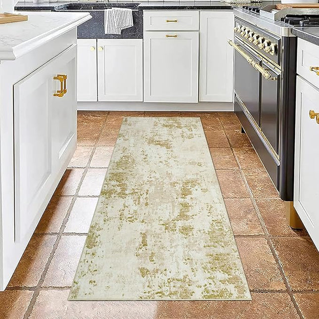 Modern Abstract 2x7 Runner Rug Washable Non Slip Stain Resistant Rug for Hallway Kitchen Bedroom Non Shedding Low Pile Indoor Floor Cover,Golden Grey