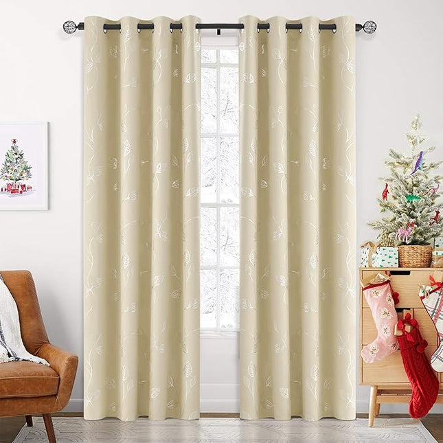 BUHUA Black Out Curtains 95 Inch Long 2 Panels, Soundproof Curtains with Elegant Silver Leaf Print, Heat Blocking Curtains for Livingroom, 52W x 95L, Beige