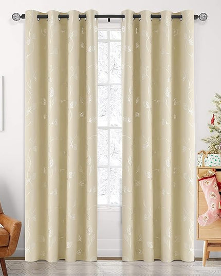 BUHUA Christmas Beige Blackout Curtains 84 Inches Long, Darkening Curtains for Bedroom Window Curtain Panels with Leaf Pattern (52 x 84 Inch,Beige,2 Panels)