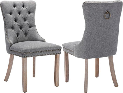 SoarFlash Linen Fabric Dining Chair Set of 2, Upholstered Tufted Dining Room Chair with Nailhead Trim, Solid Light Color Wood Leg for Kitchen (Smoky Gray)