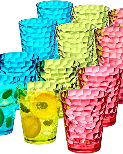 Amazing Abby - Iceberg - 16-Ounce and 24-Ounce Plastic Tumblers (Set of 12), Acrylic Drinking Glasses, Mixed-Color Reusable Plastic Cups, Stackable, BPA-Free, Shatter-Proof, Dishwasher-Safe