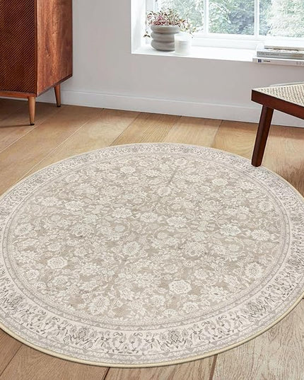 5' Round Rug Washable Rug for Entryway, Cream Beige White Grey Soft Non-Slip Area Rugs Distressed Floral Low-Pile Carpet, Neutral Vintage Circle Rugs for Living Room Dining Bedroom Foyer