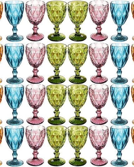 32 Pack Vintage Wine Glasses, Plastic Reusable 12 Ounce Colored Water Goblets, Unique Embossed Pattern Unbreakable Stemmed Wine Glasses, High Clear Wedding Party Bar Drinking Cups Multicolor