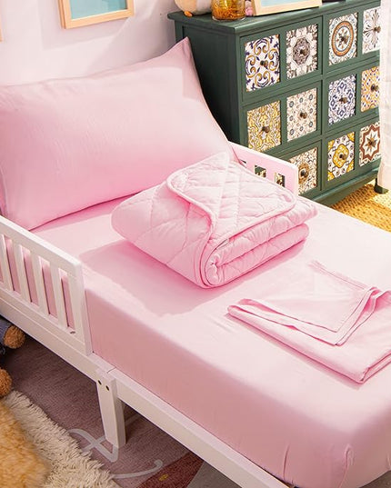 NTBAY Toddler Bedding Set - 4 Piece Soft and Breathable Crib Bedding Set for Boys and Girls, Includes Quilted Comforter, Fitted Sheet, Flat Top Sheet and Envelope Pillowcase, Pink