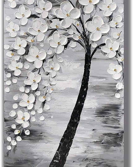 Yihui Arts 3D White Flower Canvas Wall Art Hand Painted Grey Paintings Vertical Artwork for Living Room Bedroom Hallway Decoration