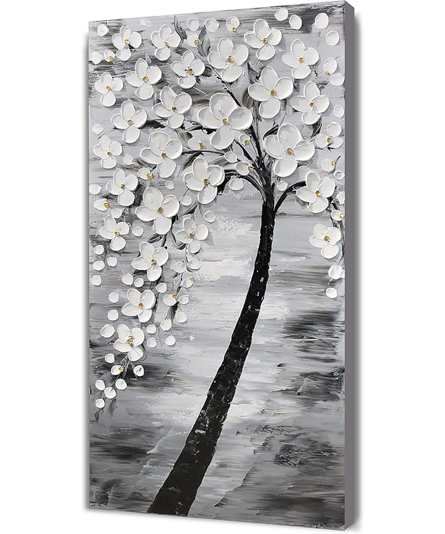 Yihui Arts 3D White Flower Canvas Wall Art Hand Painted Grey Paintings Vertical Artwork for Living Room Bedroom Hallway Decoration