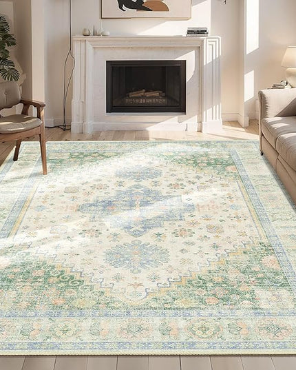 MUJOO 6x9 Area Rugs Washable,Boho Rugs for Living Room Bedroom Dining Room,Large Non Slip Throw Carpet Indoor,Low Pile Light Green and Blue