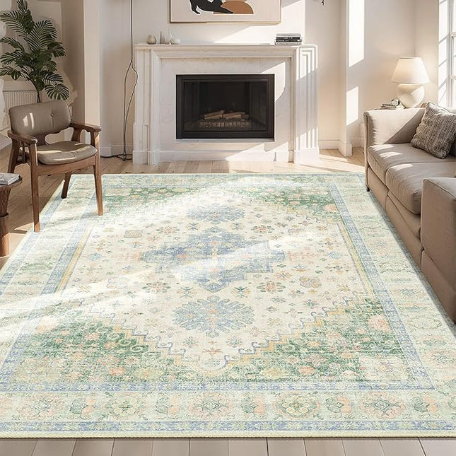MUJOO 6x9 Area Rugs Washable,Boho Rugs for Living Room Bedroom Dining Room,Large Non Slip Throw Carpet Indoor,Low Pile Light Green and Blue