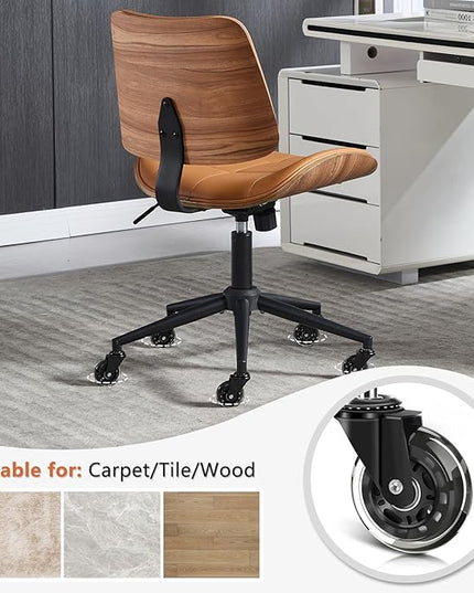 Home Office Desk Chair with Wheels, Adjustable Height Armless Office Chair, PU Leather Mid Back 360° Small Computer Chair, Modern Walnut Chair No Arms for Office, Reading Meeting Room(Brown)
