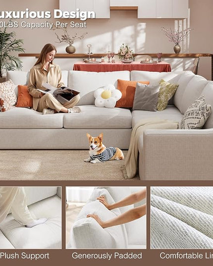 ABCASA 112" Modular Sectional Sofa, Large 5 Seater L Shaped Couch with Detachable Sofa Cover, Movable Ottoman, Deep Seat Corner Couch for Living Room, Apartment - Linen Fabric, Ivory