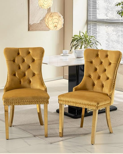 SoarFlash Velvet Dining Chairs Set of 2, Tall Back Side Chair, Modern Upholstered Side Chair with Button Back Ring, Gold Plated Stainless Steel Legs (Gold)