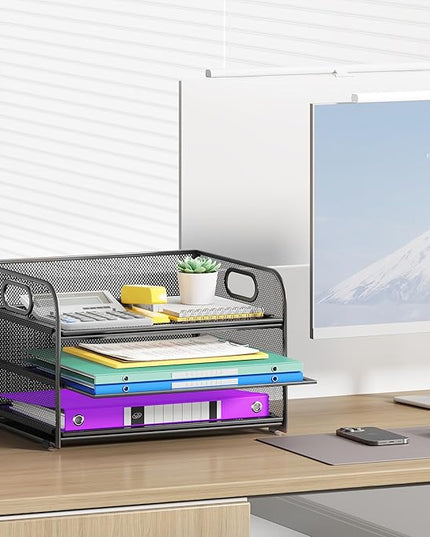 3 Tier Paper Organizer with Handle, Metal Desk Organizer Mesh Paper Letter Tray Desktop File Folder Document Sorter for Classroom, School, Office Accessories Organization and Storage - Black