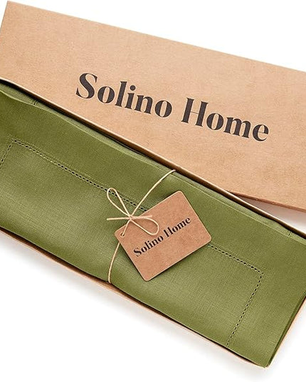 Solino Home Linen Placemats Set of 4 - Classic Hemstitch Avocado Green Placemats 14 x 19 Inch - 100% Pure Linen Table Mats for Winter