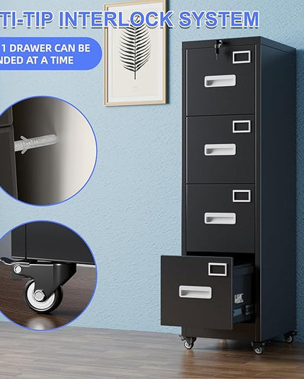 METAN 4 Drawer File Cabinet on Wheels, Lockable Metal Filing Cabinet with Handle and Name Card for Office Home,Assembly Required,Black