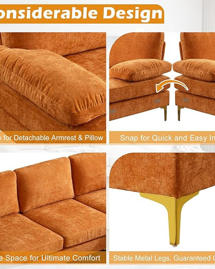 VINGLI 110" Sectional Couches for Living Room,U Shape Couch with Double Chaise, 4-Seat Sofa Set with Chenille Fabric for Home Furniture,Burnt Orange