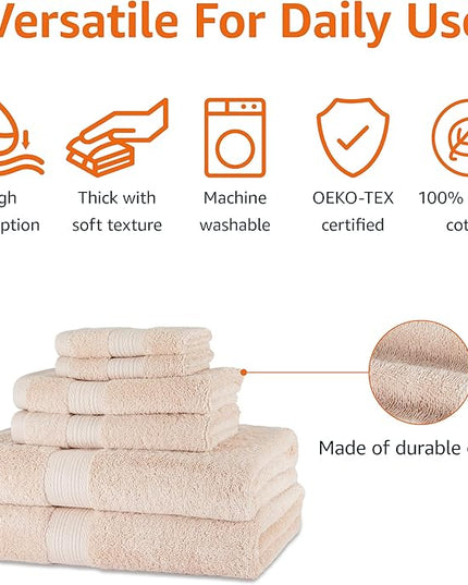 Amazon Basics Fade Resistant Bath, Hand and Washcloth Towel Set, 100% Cotton, Set of 6, 30 x 54 inches, Blush Pink