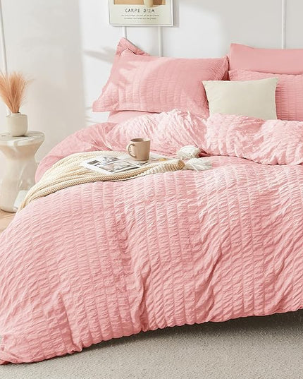 HYMOKEGE Rose Pink King Size Comforter Set Seersucker 7 Pieces, All Season Luxury Bed in a Bag for Bedroom, Bedding Set with Comforter, Sheets, Pillowcases & Shams