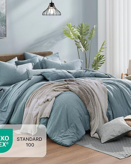 Monbix Queen Comforter Set - 7 Pieces Dusty Blue Cationic Dyeing Bed in a Bag Queen Bedding Sets with Sheets, Pillowcases & Shams, Reversible Bedding Comforters