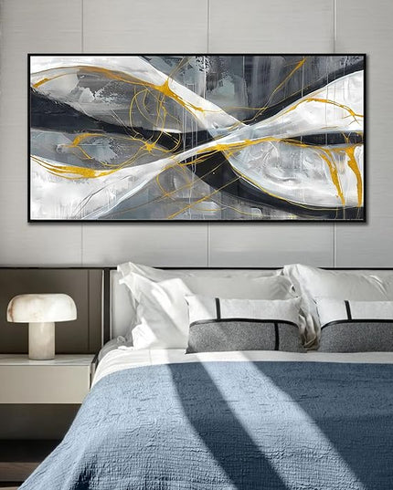 Ouzzlie Abstract Wall Art Grey Wall Decor for Living Room Large Canvas Art Picture Gold Artwork 29" x 59"