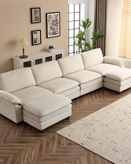 VINGLI 156" Cloud Couch, Comfy Modular Sectional Sofa Set for Living Room,U-Shaped Linen 4-Seat Convertible Loveseat Sofa with 2 Ottoman for Small Space.(Beige)
