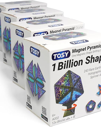 TOSY Magnet Pyramid Stone - 1 Cube Transforms into 1 Billion Shapes, 14 pcs (12 Puzzle pcs and 2 Spinners), 243 Magnets, Christmas Stocking Stuffers Gift for Kids, Creative Puzzle STEM Toy, 4-Pack
