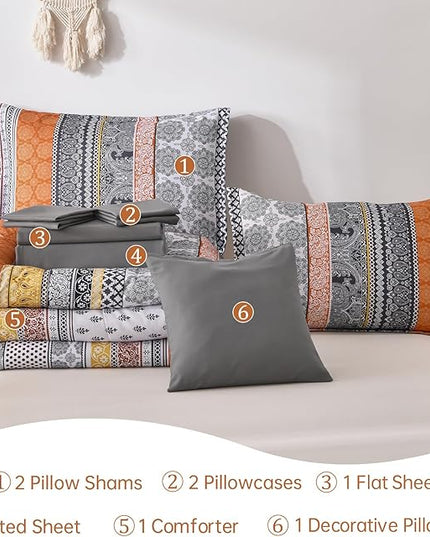 Cottolester Boho Comforter Set Queen Size,8 Pieces Orange Bohemian Striped Bed in a Bag,Paisley Soft Microfiber Bedding Comforter Set