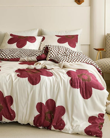 Houseri Burgundy Sunflower Comforter Set Queen Foral Bedding Soft Comfy Comforter Quilts