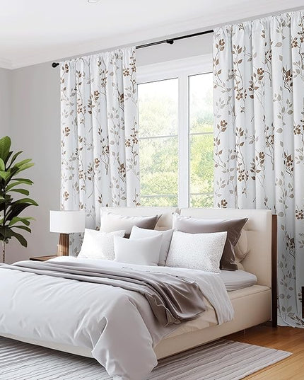 Beauoop Floral 100% Blackout Curtains 96 Inches Long 2 Panels for Bedroom Living Room Tan Brown and White Flower Patterned Room Darkening Thermal Soundproof Rod Pocket Back Tab Window Drapes, 52X96