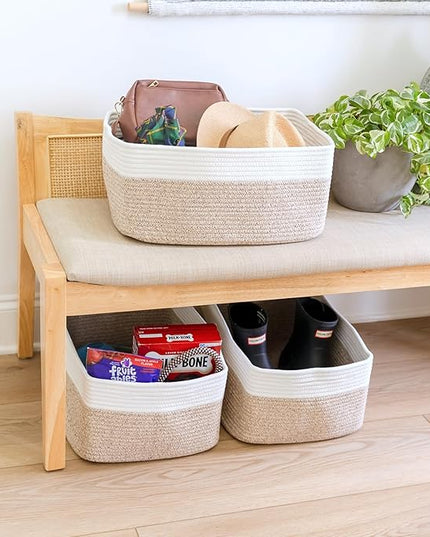 NaturalCozy Storage Baskets 16.8”x13”x7.6” Cotton Rope Woven Baskets for Organizing 3-Pack | Toy Storage Bins | Basket for Shelves, Laundry, Blanket, Clothes, Closet, Kitchen, Bathroom, Gifts