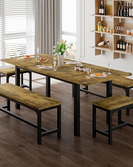 Feonase 5-Piece Dining Table for 4-8 People, 63" Extendable Kitchen Table Set with 2 Benches & 2 Square Stools, Dining Room Table with MDF Wood Board, Easy Clean, Rustic Brown