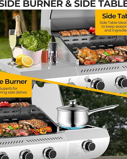 G31 pro Gas Grill 34,000 BTU 3-Burner Propane Grill with Side Burner, Stainless Steel BBQ Grill, Cast Iron Grates & Portable Cart with Wheels，Outdoor Barbecue Grill for Backyard, Patio, Camping