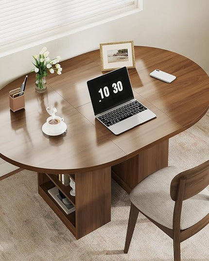 59'' Extendable Dining Table for 4-8, Round Kitchen Room Table with 3-Tier Storage Racks, Adjustable Shelves, Wooden Pedestal Base, for Kitchen, Dinner, Living Room, Office, Walnut