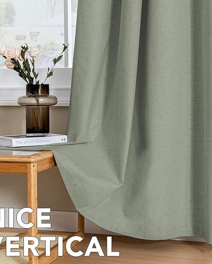 H.VERSAILTEX Linen Curtains 100% Blackout Curtains for Bedroom 102 inch Long Full Light Blocking Nature Linen Blended Window Curtains for Living Room Nickel Grommet (2 Panels, Heathered Dried Sage)