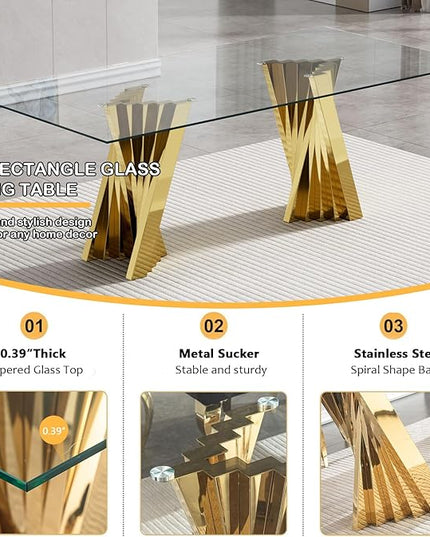 7 Piece Dining Table Set with 6 Beige Dining Chairs, Modern Glass Kitchen Table and Chairs Set for 6, 70" Rectangle Gold Glass Pedestal Dining Room Tables with Flash-Shape Stainless Steel Base
