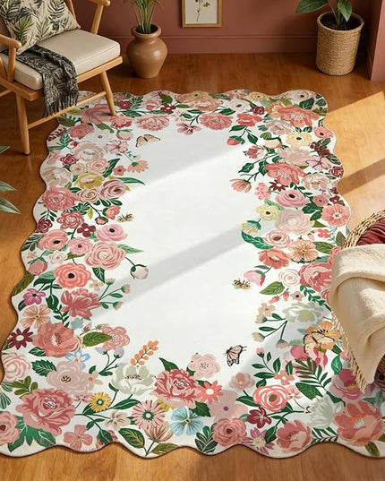 Wonnitar Washable 5x7 Rug for Living Room, Pink Camellia Floral Rugs for Bedroom Girls, Non-Slip Soft Scalloped Flower Floor Carpet for Kids Nursery Room Decor(Pink,5'x7')